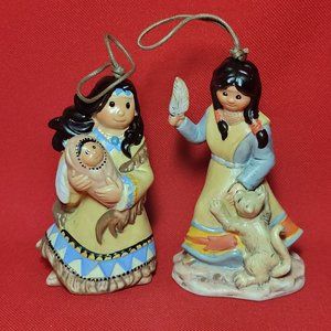 Native American Indian Figurine Bell Ornaments Set of 2